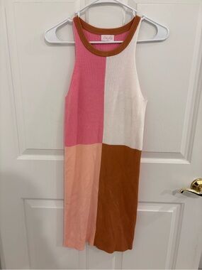 Pink Lily Colorblock Ribbed Mini Dress in Pink, Peach, White & Brown